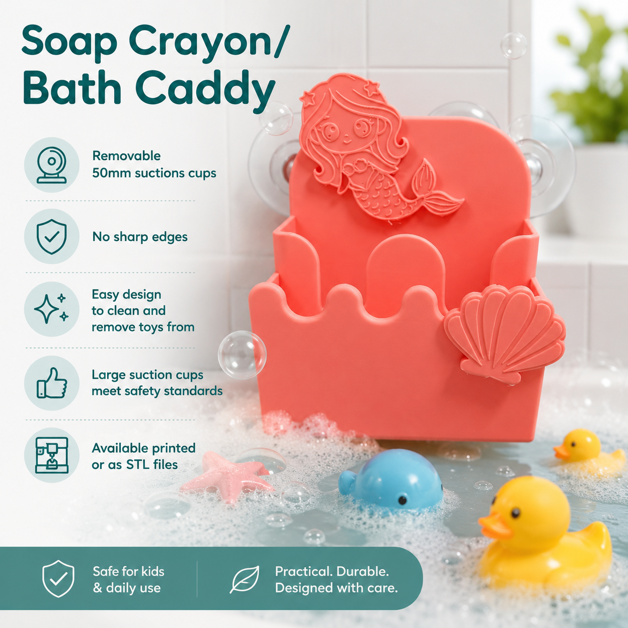 Soap Crayon/Bath Shower Caddy Mermaid OR Dinosaur Design STL Files