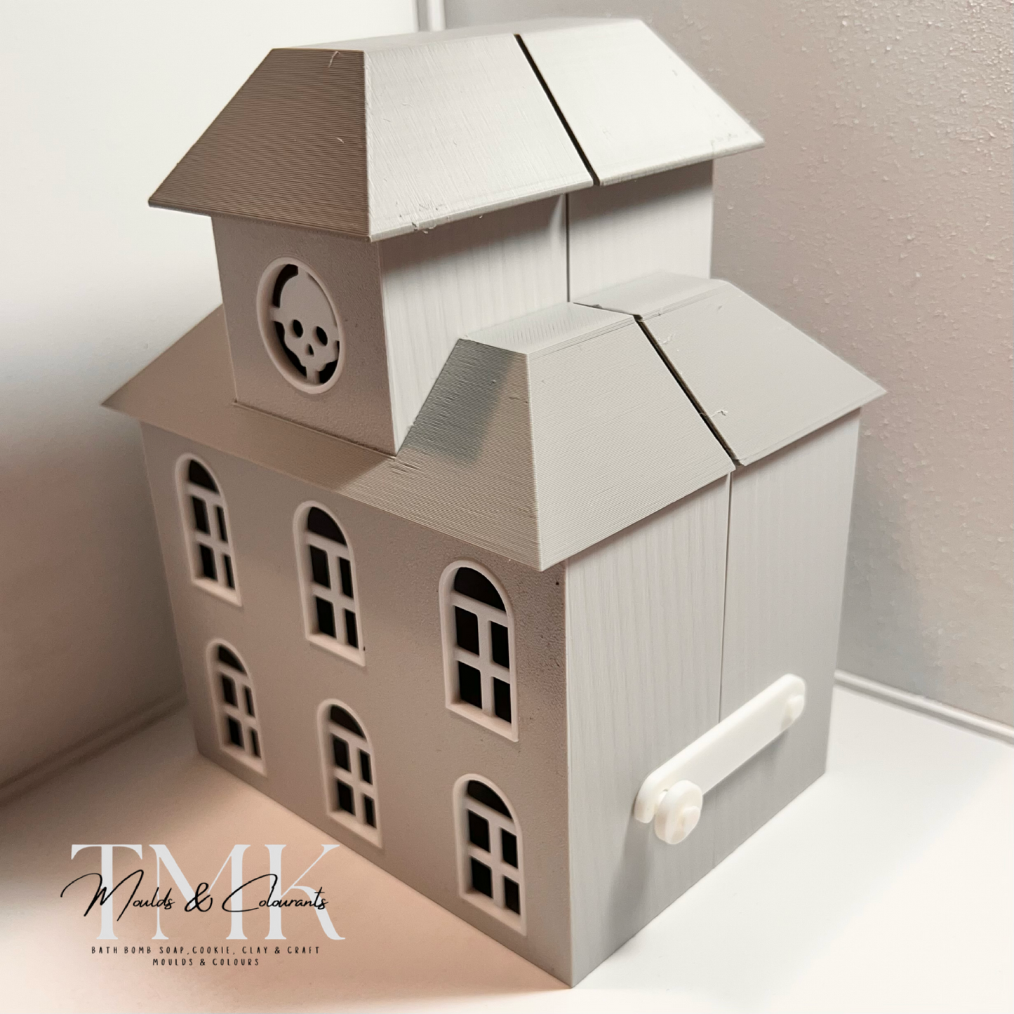 Mini haunted house prop and storage for Flexi Mini Toys Grey house with black roof.