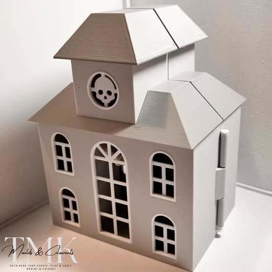 Mini haunted house prop and storage for Flexi Mini Toys Grey house with black roof.
